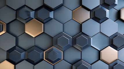 Industrial-style wall background with 3D textured hexagons in metallic shades.