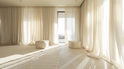 bright minimalist interior, minimalist bright interior with floor-to-ceiling curtains enhances natural light, openness, and spaciousness