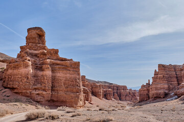Path along valley of Castles Gorge, Charyn Canyon National Nature Park in Kazakhstan.