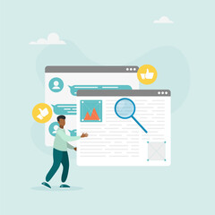 Content manager. A man creates a website layout, studies subscriber reviews, develops and designs the page layout. Vector illustration.
