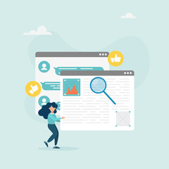 Content manager. A woman creates a website layout, studies subscriber reviews, develops and designs the page layout. Vector illustration.
