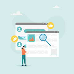 Content manager. A woman creates a website layout, studies subscriber reviews, develops and designs the page layout. Vector illustration.
