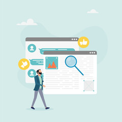 Content manager. A man creates a website layout, studies subscriber reviews, develops and designs the page layout. Vector illustration.
