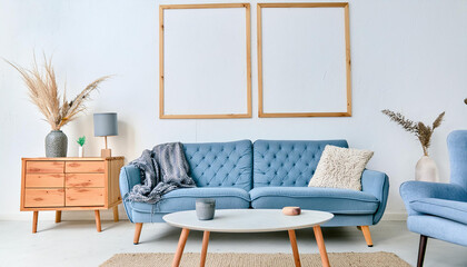 Blue sofa and armchair, wooden cabinet against wall with two frames. Scandinavian home interior design of modern living room.