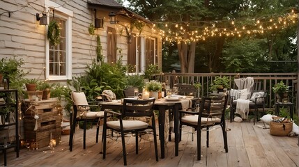 Fototapeta premium Aesthetic dining table and chairs on a patio or deck, surrounded by greenery and string lights. Close up