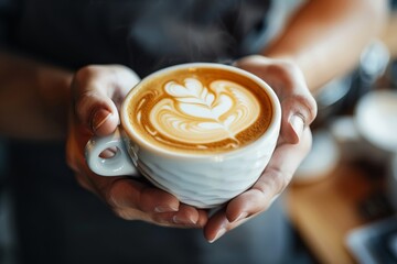 Creating a cappuccino: The artistic touch of a barista on a blurry background