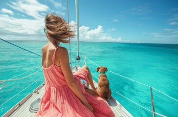 Woman and dog on yacht deck