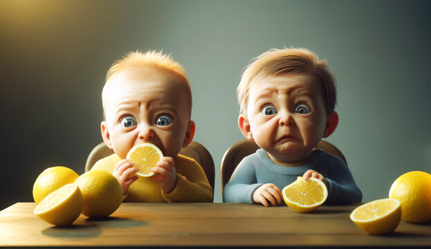 Two adorable babies with oversized, expressive eyes sit at a table, one biting a lemon slice, both displaying comically exaggerated reactions.