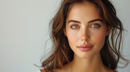 Obraz premium Close-up portrait of a beautiful young woman with long brown hair and green eyes