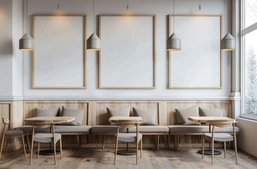 An empty white wall in the middle of a minimalist coffee shop with three square blank poster frames on it - Powered by Adobe