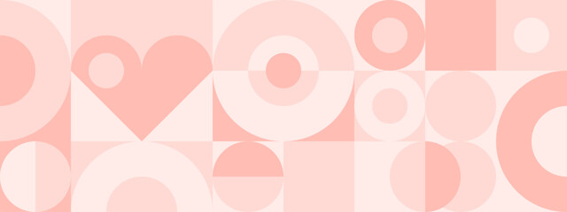 Seamless pink background for Mother's Day card template. Trendy geometric shapes with circles, squares and hearts in retro style for a Valentine's Day or wedding day cover.