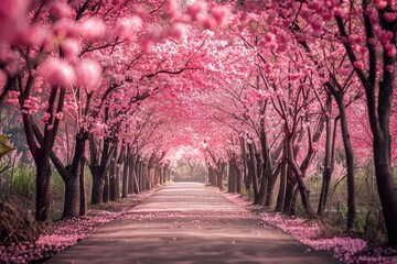 Tree-Lined Road With Pink Flowers