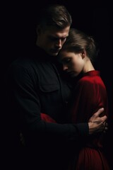 Man and woman embracing each other in a dark room Fictional Character Created By Generative AI. 