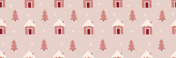 Obraz premium Cute festive Christmas seamless pattern with trees, pink houses, snow, and fir. Hand drawn kids nordic design. Winter vector illustration background. Seasonal winter holidays boho graphic design