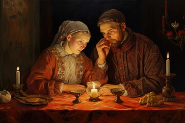 A Man and a Little girl are sitting together at a table with a candle. Fictional Character Created By Generative AI. 