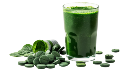 green pills in glass  isolated dicut PNG on transparent or white background cut out, copy space view for promot Advertising  
