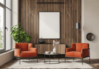 Beige wooden wall with two orange armchairs and a sideboard, a large window on the left, a mockup poster frame hanging above a cabinet