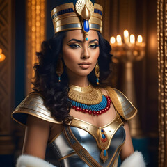 Portrait photo of an Egyptian queen wearing a luxurious dress with ornaments and armor, opulent room.