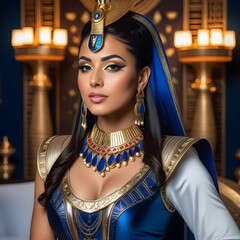 Portrait photo of an Egyptian queen wearing a luxurious dress with ornaments and armor, opulent room.