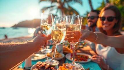Obraz premium A group of friends are celebrating with champagne glasses on a beach. Summer