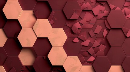 Abstract design with deep maroon hexagons and peach diamonds, textured to enhance depth and warmth.