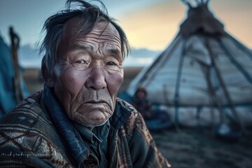 Elderly Man Sitting in Front of Teepee - Powered by Adobe