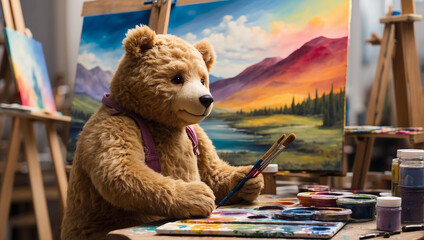 A stuffed teddy bear is sitting at an easel painting on a canvas.