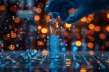 the doctor holds in his hands a flask with chemical elements in a test tube