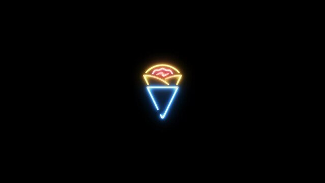 Neon sign in crepe shape motion graphic with alpha channel. Colored crepe neon light turn on and turn off isolated icon animated on transparent background.