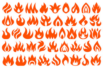 Hot burning red orange fire set. Collection of flat flaming fire design elements. Flame illustration set for logo, icon, design element for your projects. 
