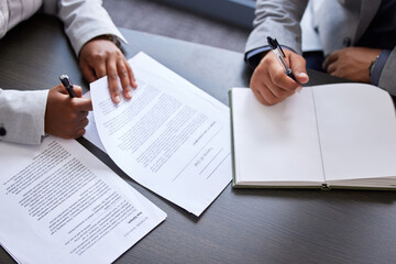 Business people, hands and writing with documents above for legal agreement, contract or insurance...