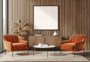 Beige wooden wall with vertical panels, orange armchairs near cabinet and coffee table on beige carpet in a minimalistic interior of a modern living room