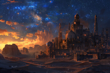 Naklejka premium An ancient desert city with futuristic technology under a starry night sky