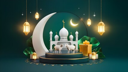Eid al-Adha Blessings Mosque, Sheep Sacrifice, Crescent, and Gift Podium Greeting Card