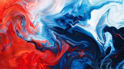 An abstract red, blue, and white mix background with dynamic swirls and waves, evoking a sense of movement and energy in the composition.