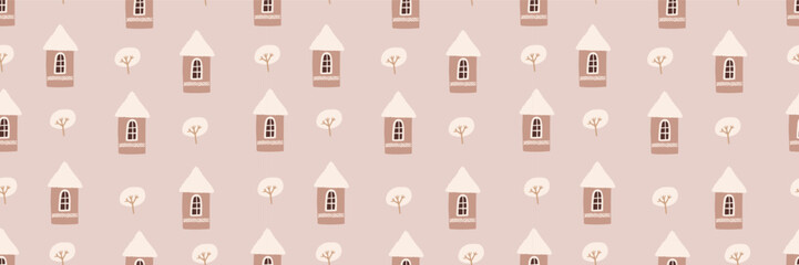 Cute festive Christmas seamless pattern with trees, pink houses, snow. Hand drawn kids nordic design. Winter vector illustration background. Seasonal winter holidays boho graphic design