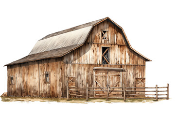 Old wooden barn with a hayloft and a large door.