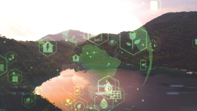 Green forest aerial view and environmental technology concept. Green tech. Ecology. Green transformation. GX. SDGs. High quality 4k footage
