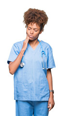 Young african american doctor woman over isolated background touching mouth with hand with painful expression because of toothache or dental illness on teeth. Dentist concept.