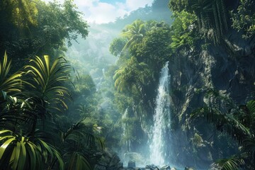 Majestic Waterfall in Lush Jungle