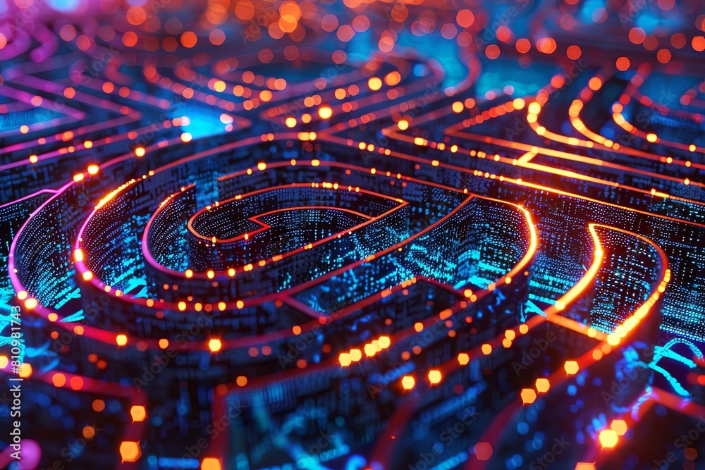 Poster a computer-generated maze filled with intricate pathways and nodes, representing a digital labyrinth