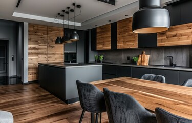 The elegance of a black and grey kitchen with a wood wall, white walls, and a black island countertop, combining modern aesthetics with functional design