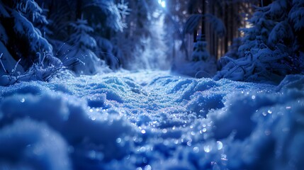 Enchanted Snowy Forest Path at Night,A magical winter scene of a snowy forest path illuminated under a night sky, sparkling with icy blue tones.

