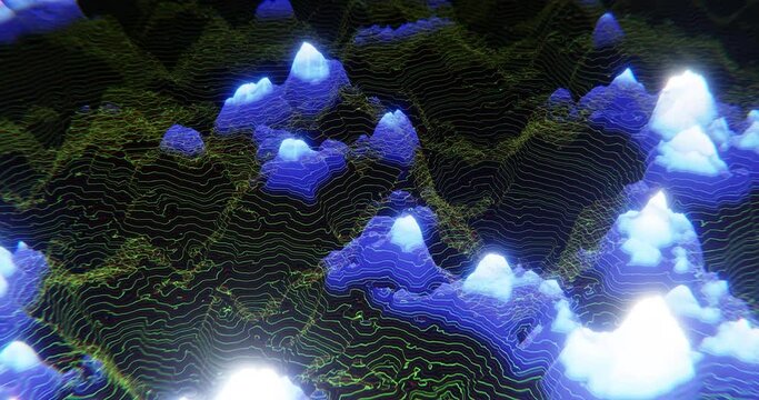 Abstract topographic landscape with green lines and blue snowy mountains moves in a loop - Powered by Adobe