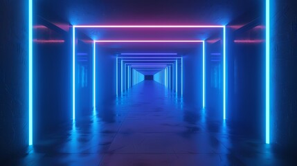 Fototapeta premium Blue and black neon cube technology poster web page PPT background