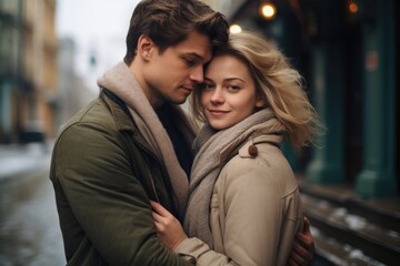 Fototapeta premium Innocent couple embracing on a rooftop Fictional Character Created By Generative AI. 