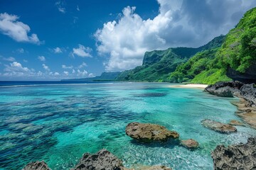 Obraz premium Stunning tropical beach showcasing clear turquoise waters, a sandy shoreline, lush green cliffs, and vibrant blue skies with fluffy clouds.
