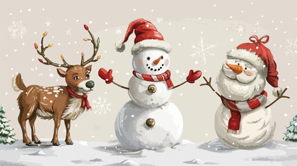 Santa Claus Snowman and reindeer vector Vector style