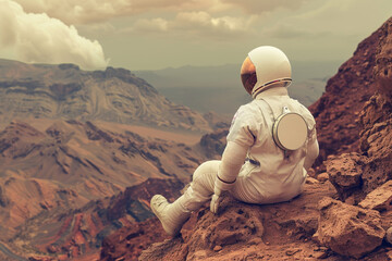 An astronaut in a white spacesuit sits on a rocky outcropping on a red planet, gazing out at the vast, alien landscape