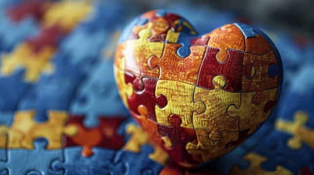 On World Autism Awareness Day the mental health care theme is symbolized by a heart adorned with a puzzle or jigsaw pattern